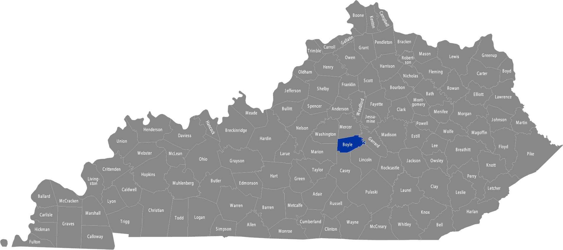 State of Kentucky map with Boyle County highlighted